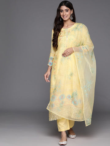 Varanga Women Yellow Abstract Printed Round Neck Straight Pure Muslin Kurta Paired With Tonal Bottom And   Organza Embroiderd Dupatta